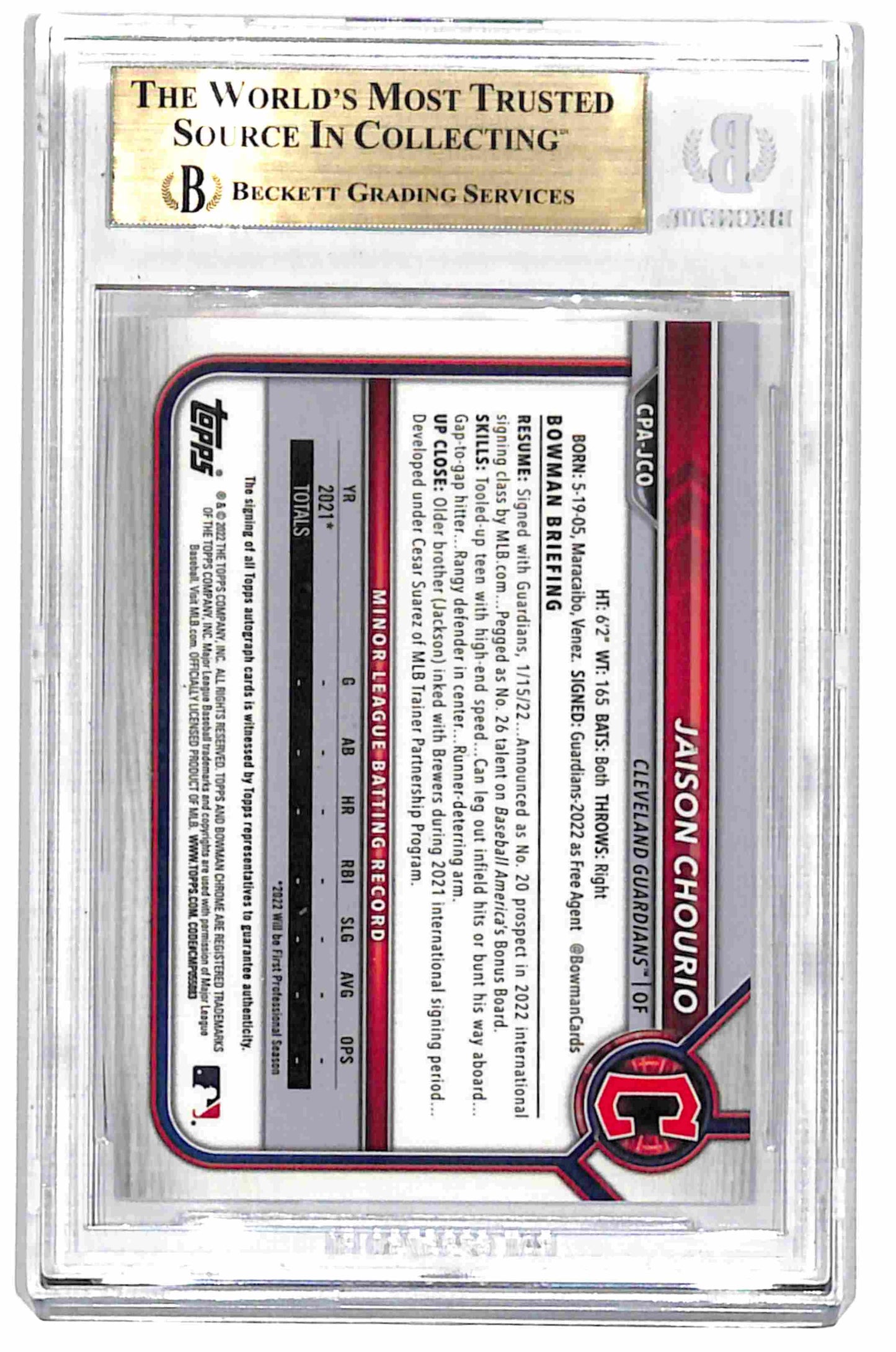 2022 Bowman Chrome Jaison Chourio Auto 1st #CPA-JCO BGS 9.5 Guardians