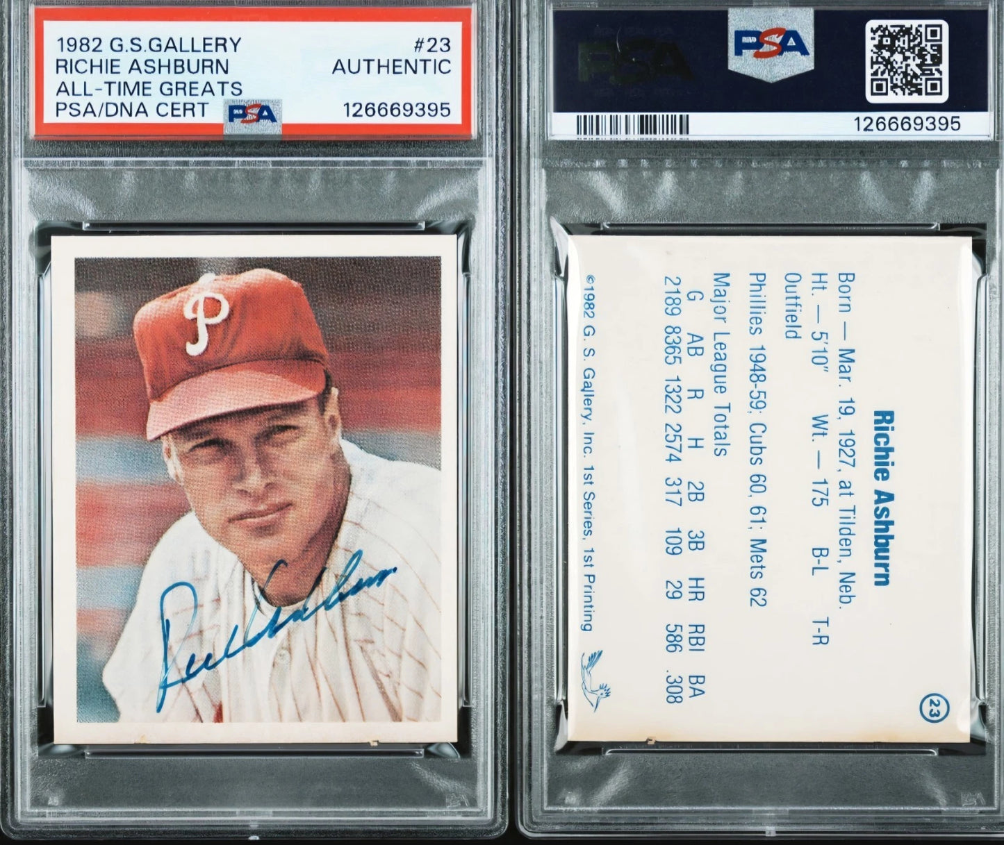 1982 G.S. Gallery All Time Greats Richie Ashburn Auto PSA/DNA AUTHENTIC Red Mag