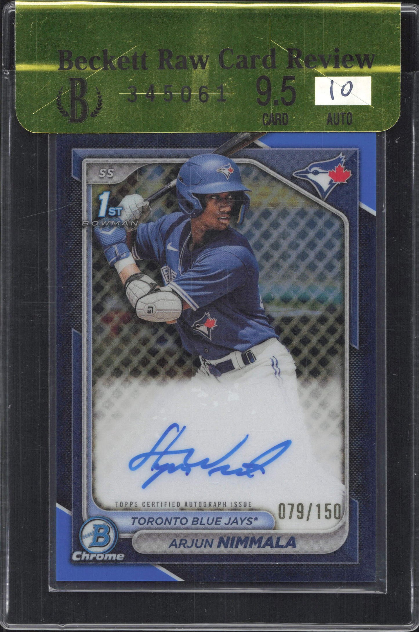 2024 Bowman Arjun Nimmala Chrome Auto Blue Refractor 1st /150 Beckett RCR 9.5/10