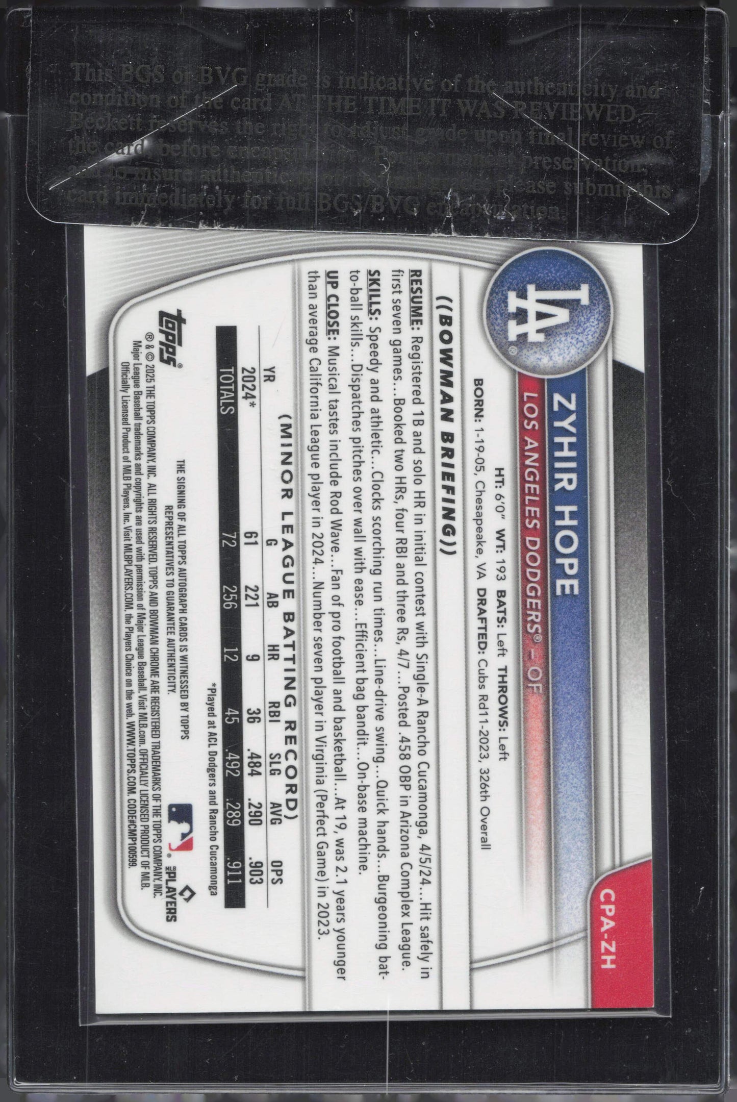 2025 Bowman Chrome Zyhir Hope 1st Bowman Auto /150 – Mojo Refractor Beckett RCR 9/10