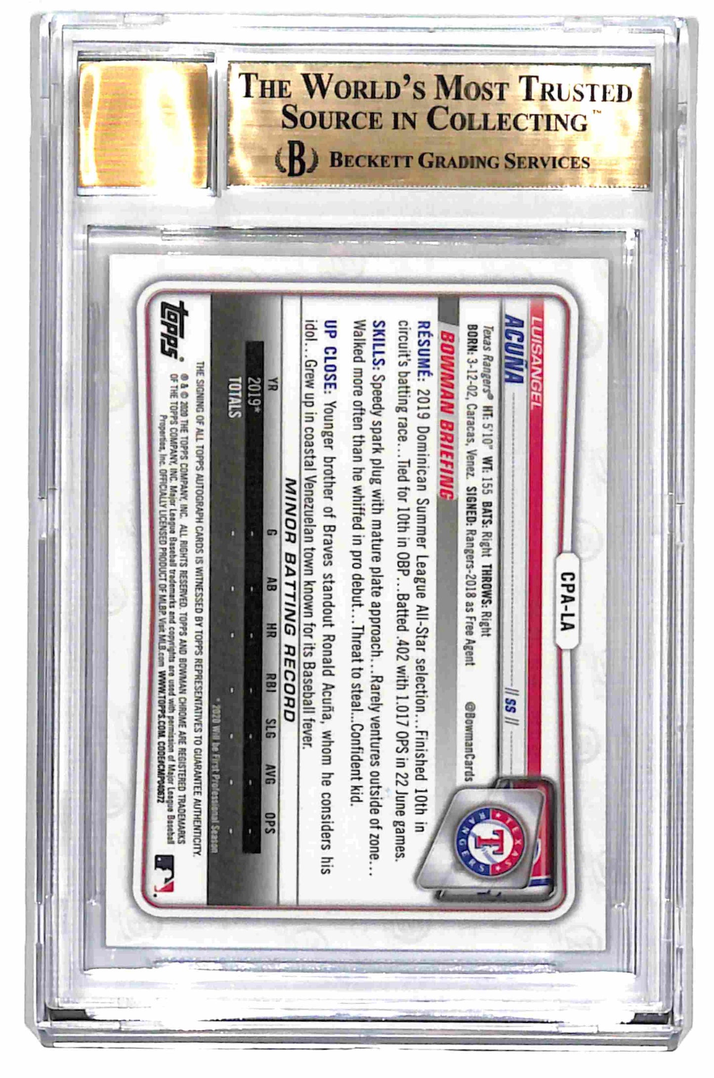 2020 Bowman Chrome 1st Luisangel Acuna True Blue Refr AUTO /150 BGS 9.5/10