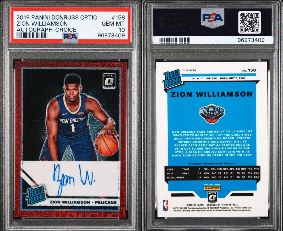 2019-20 Donruss Optic RC Rookie Auto Choice Zion Williamson PSA10