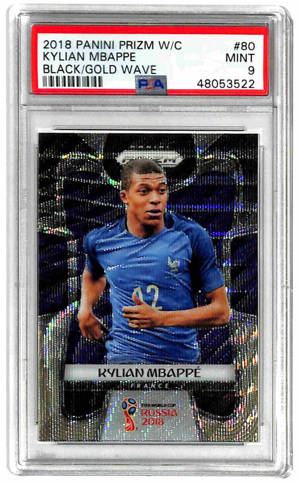 2018 Kylian Mbappe Prizm World Cup Black/Gold Wave #80 PSA 9