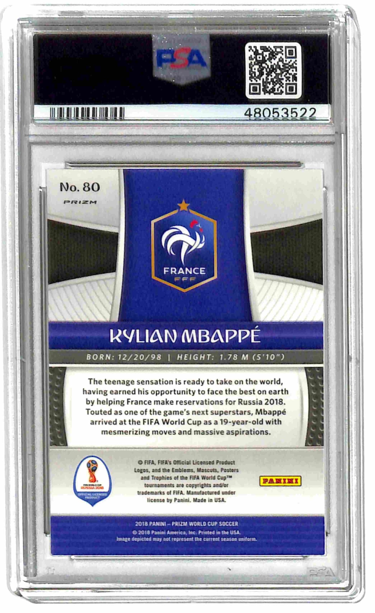 2018 Kylian Mbappe Prizm World Cup Black/Gold Wave #80 PSA 9