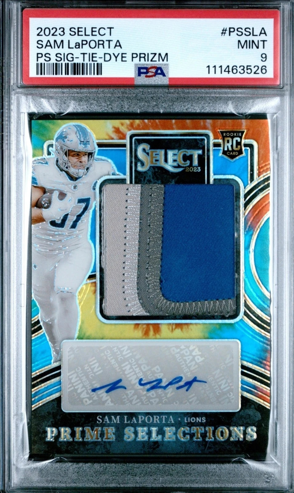 2023 Select Sam LaPorta Tie-Dye Auto Patch RC /25 PSA 9 – Prime Selections – SP